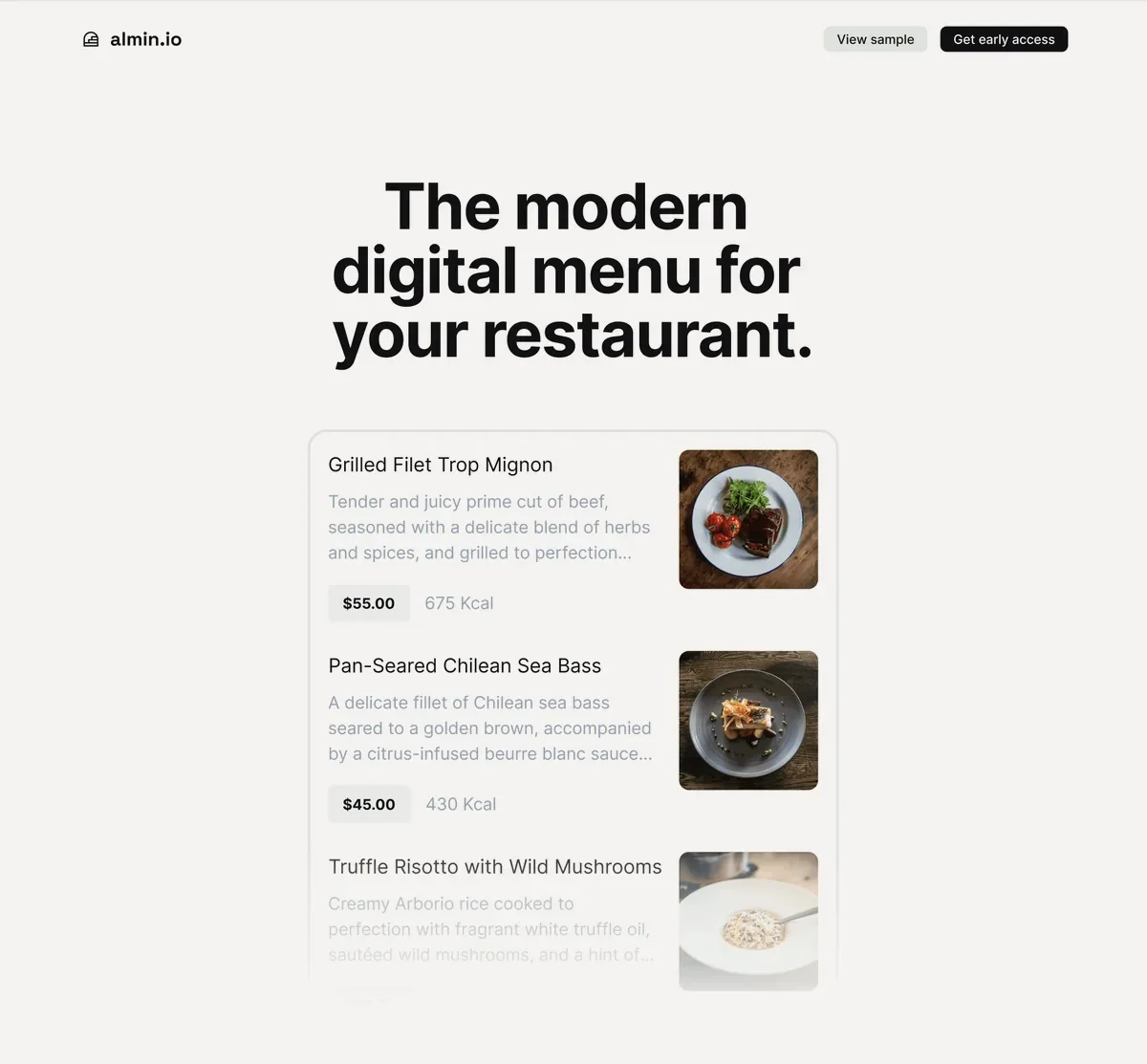 The almin.io landing page: the modern digital menu for your restaurant