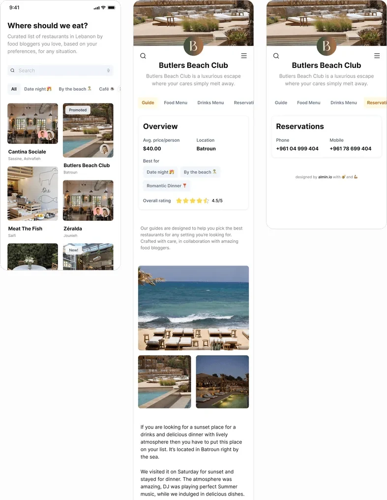 The almin.io restaurant guide on mobile