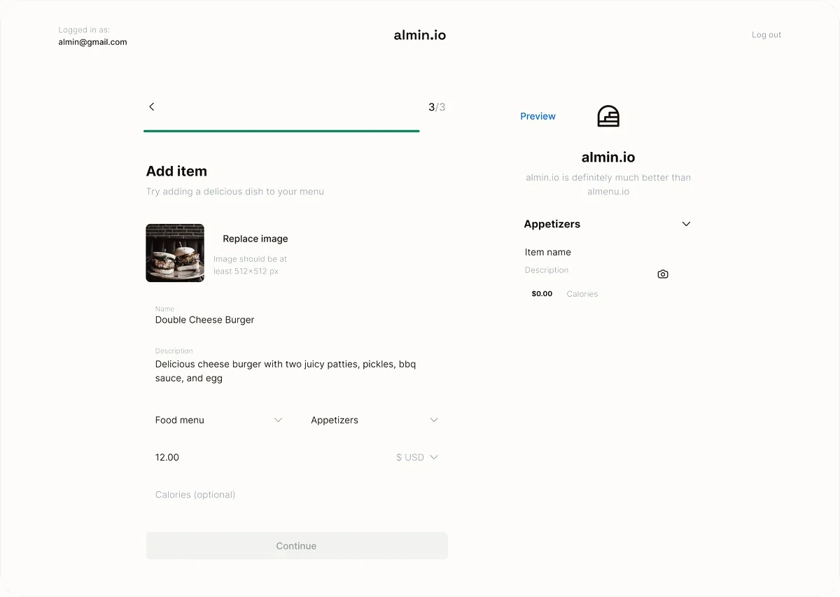 almin.io: adding a menu item