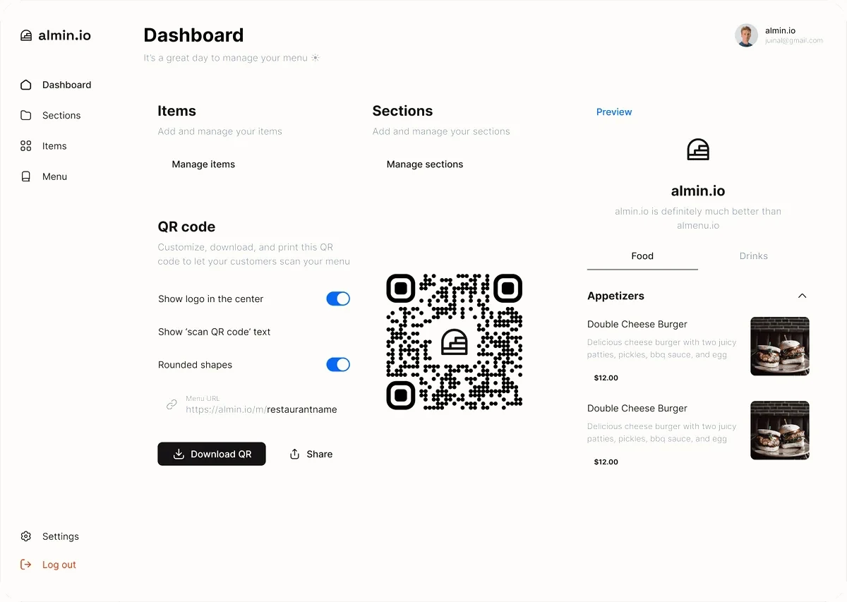 The almin.io dashboard and QR code