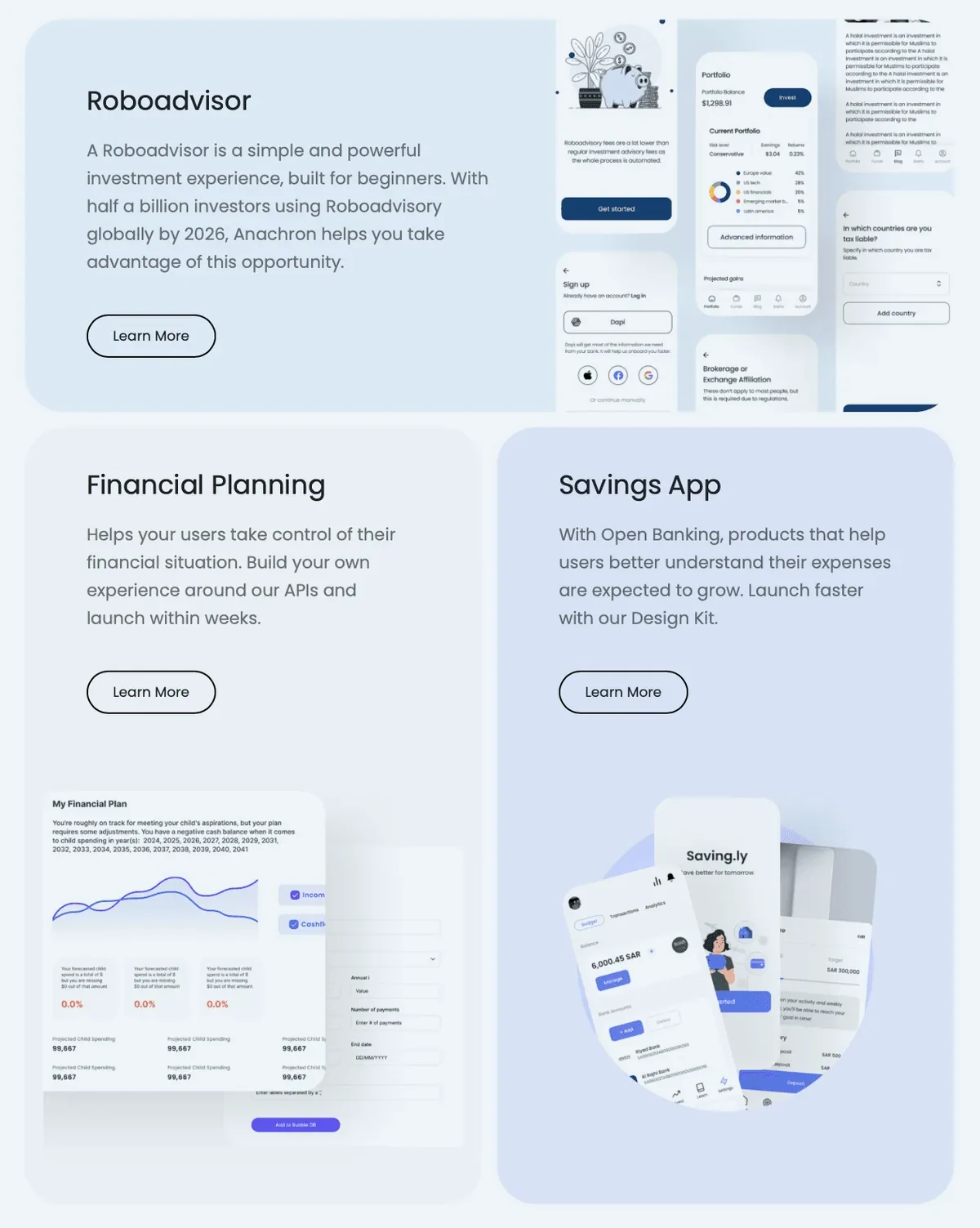 anachron products: roboadvisor, financial planning, and a savings app