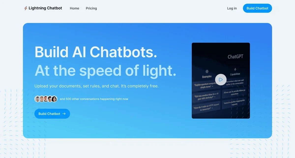 A chatbot builder landing page