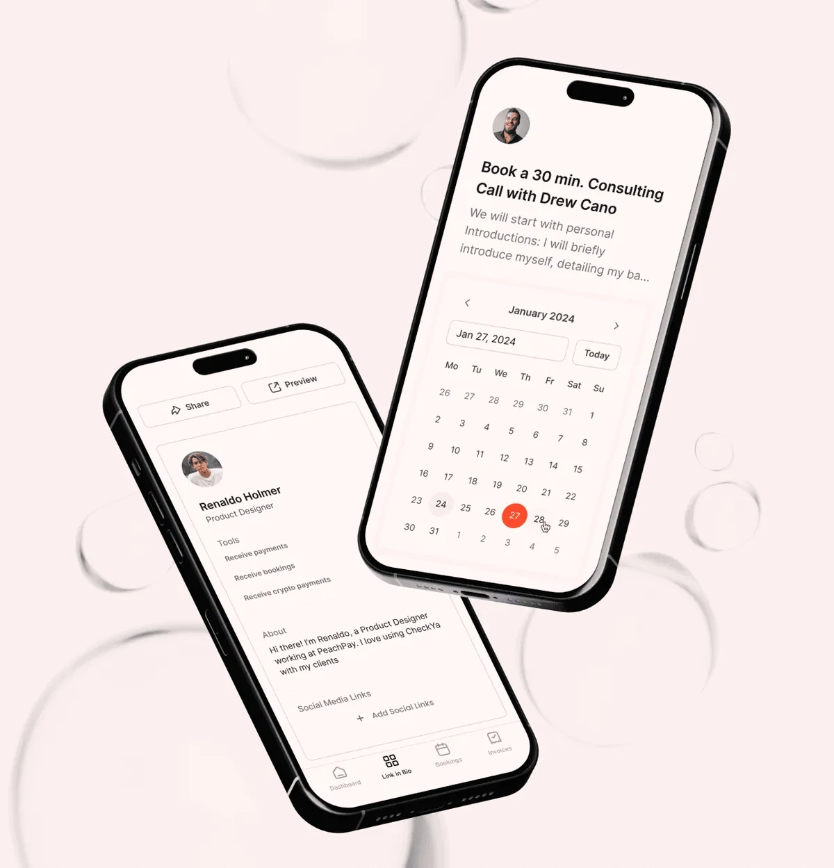 The Checkya booking flow on two phones