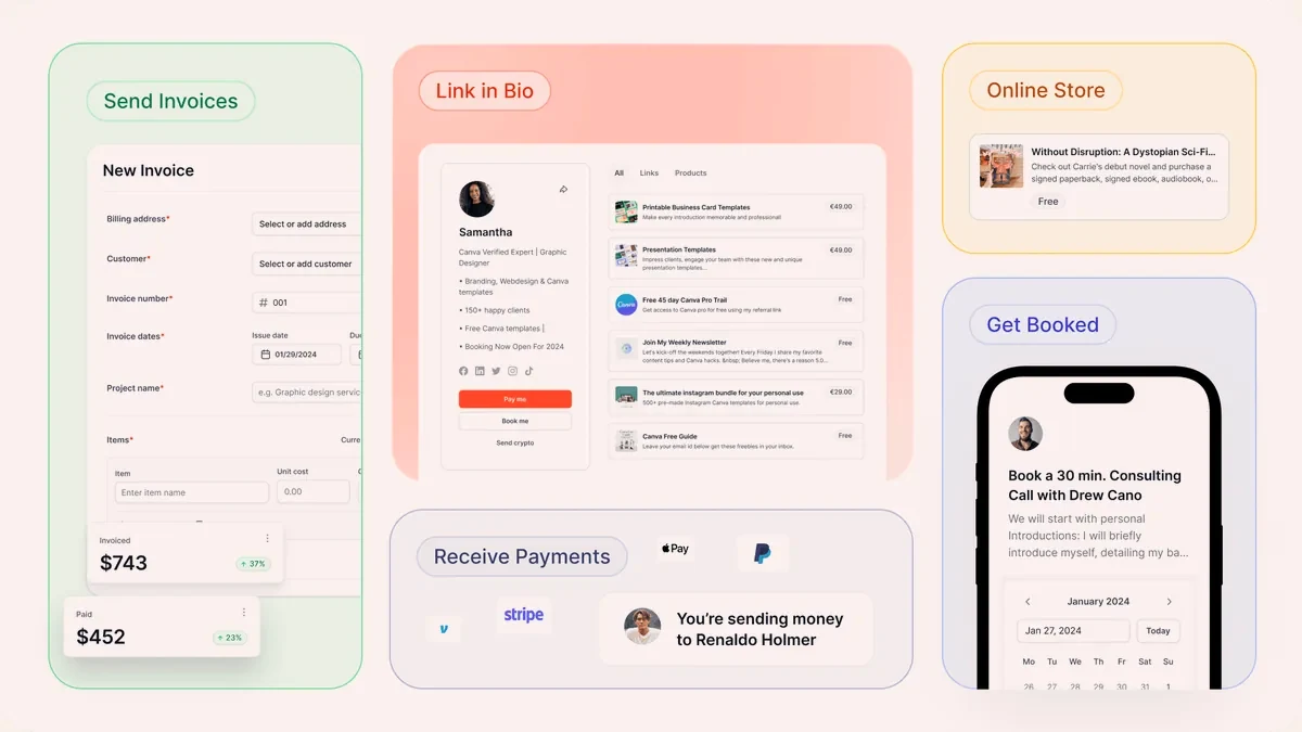 Checkya products: invoices, link in bio, online store, and bookings