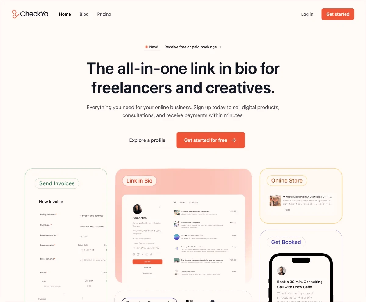 The new Checkya website: the all-in-one link in bio for freelancers and creatives