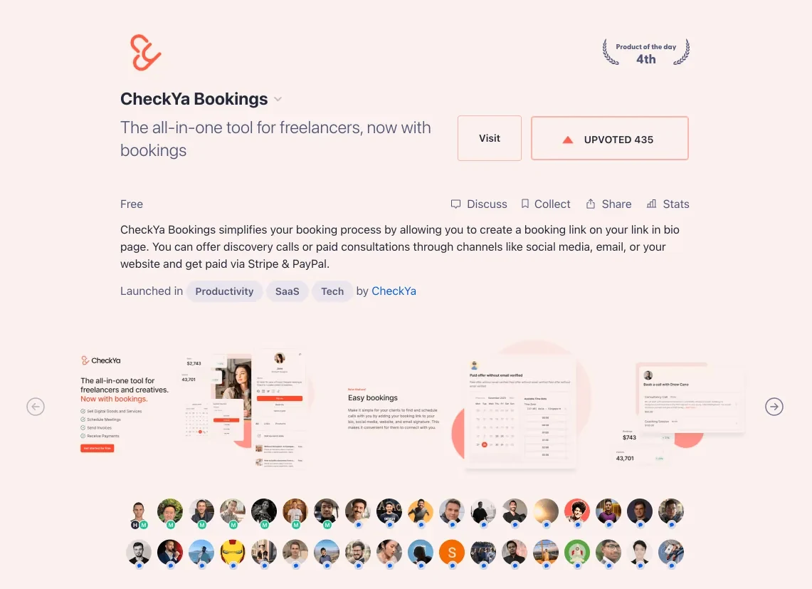 Checkya Bookings on Product Hunt, 4th product of the day