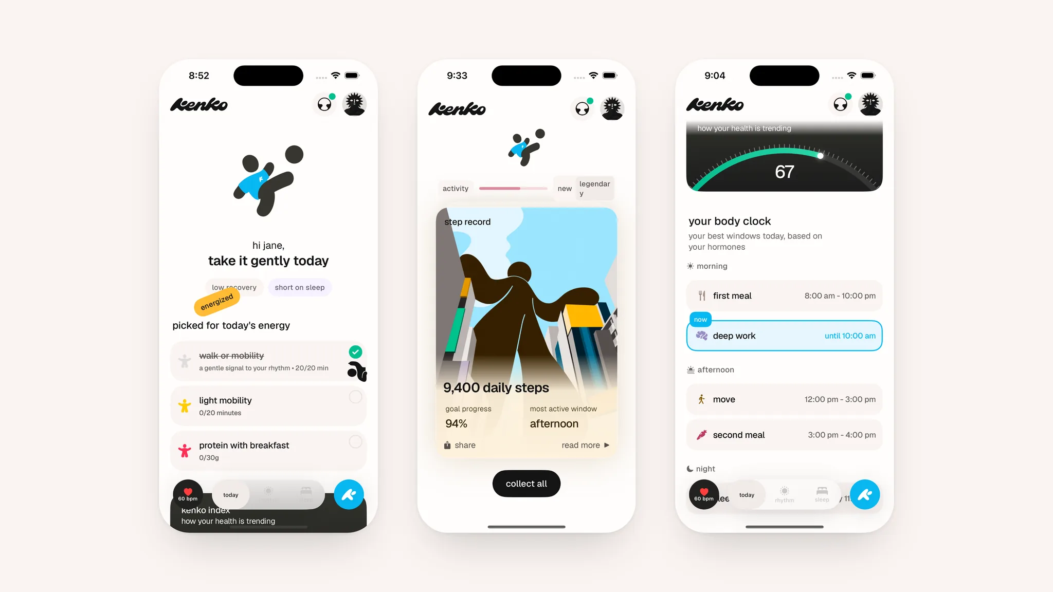 Kenko app: today's goals, a legendary step card, and the body clock