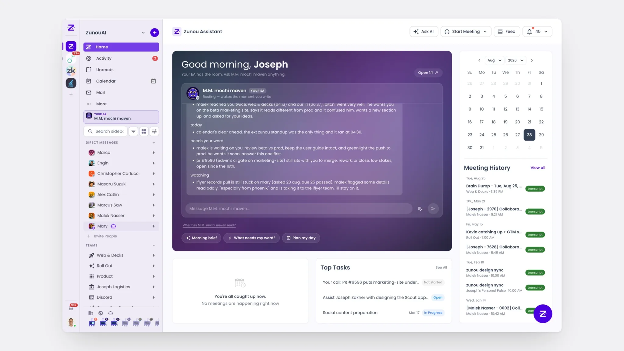 The Zunou home dashboard with the morning brief