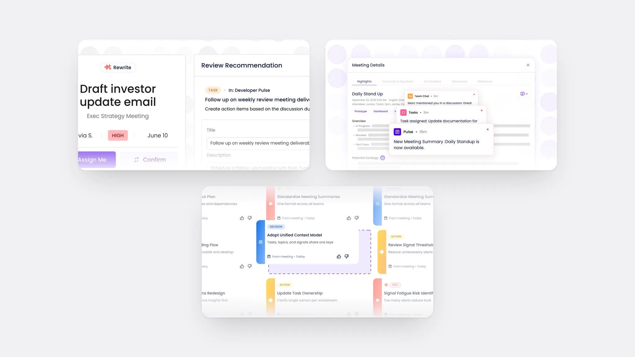 Zunou components: a drafted email, a review, and an insights board