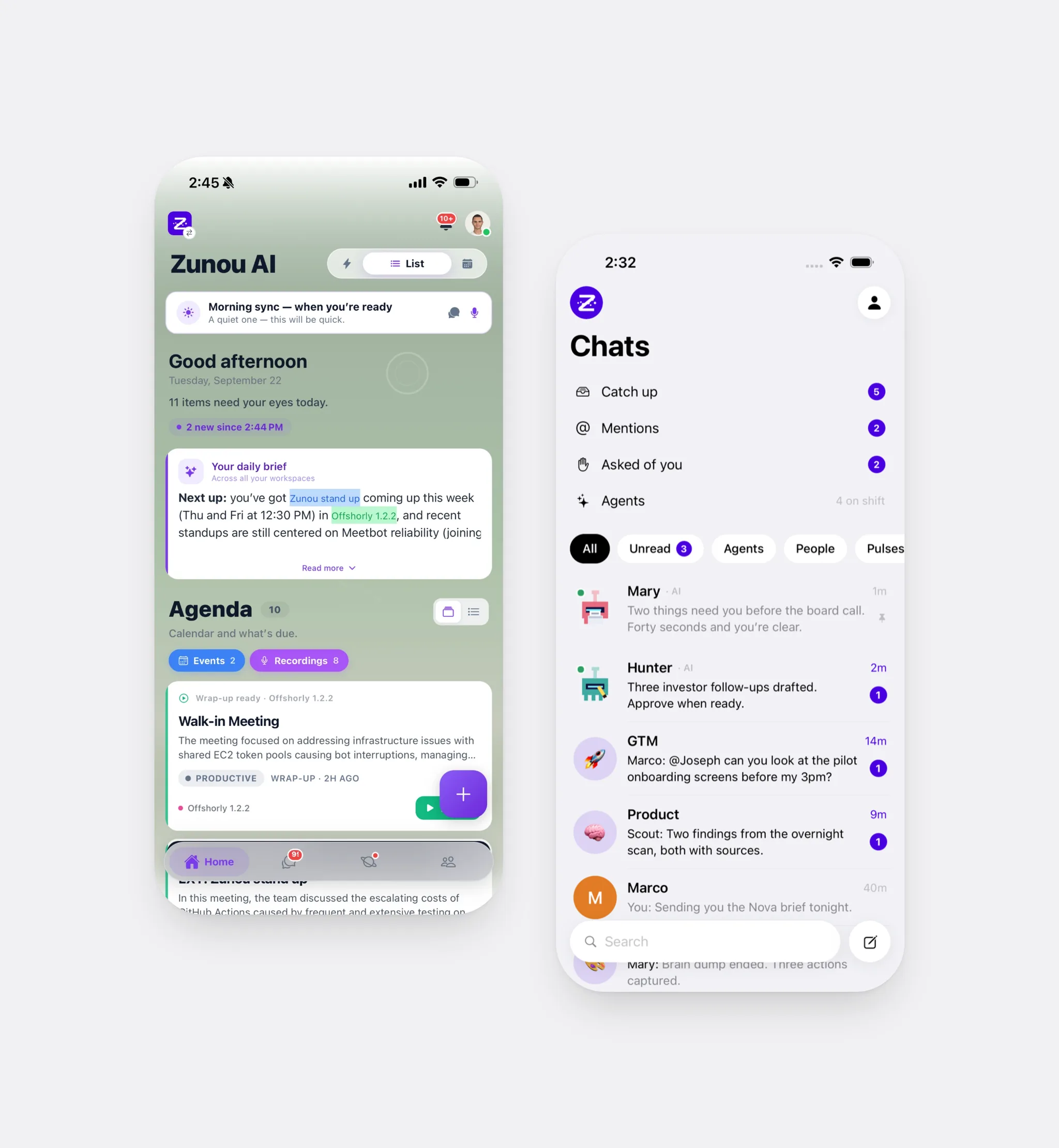 Zunou on mobile: home and chats