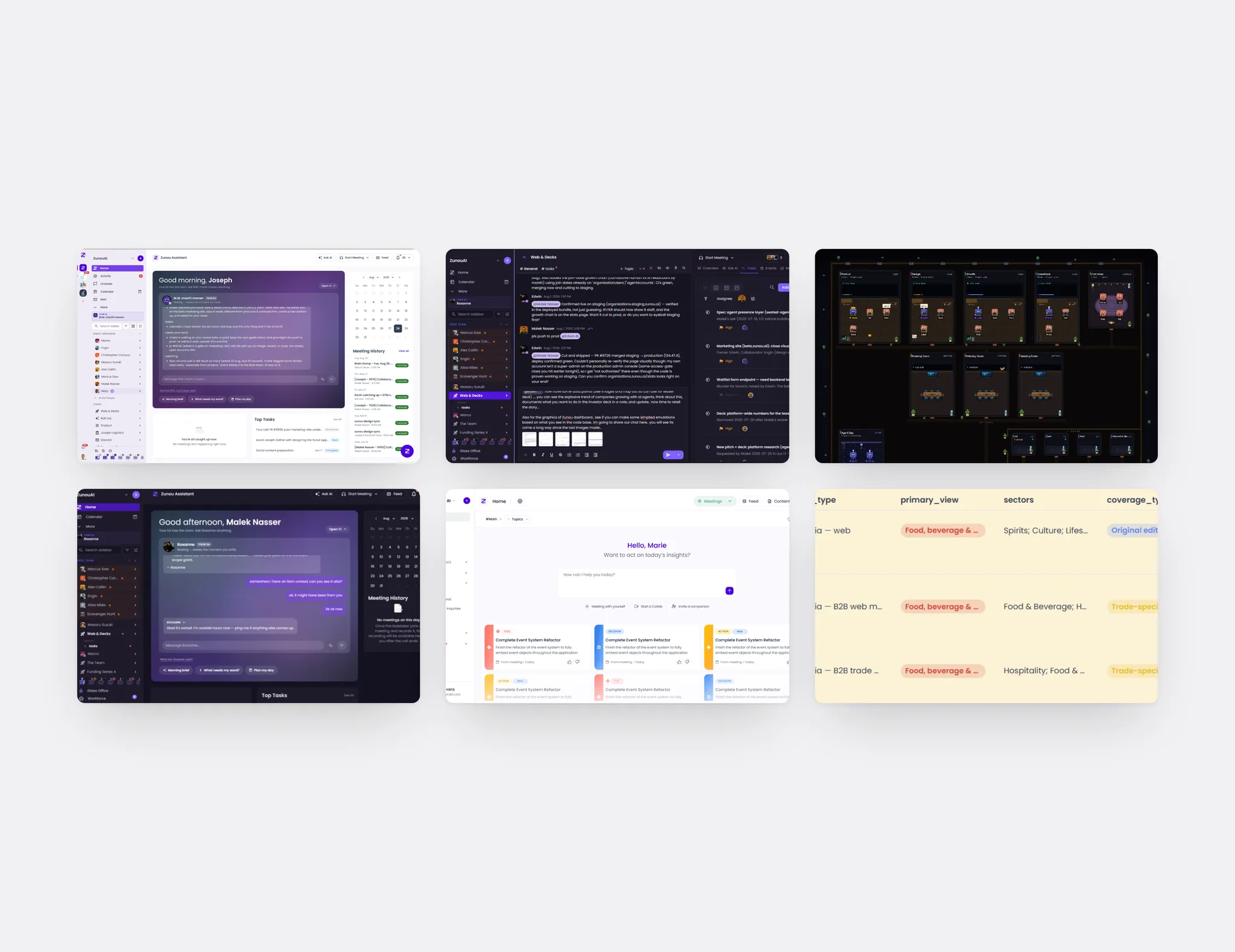 Zunou screens: dashboard, chat, glass office, assistant, and tables