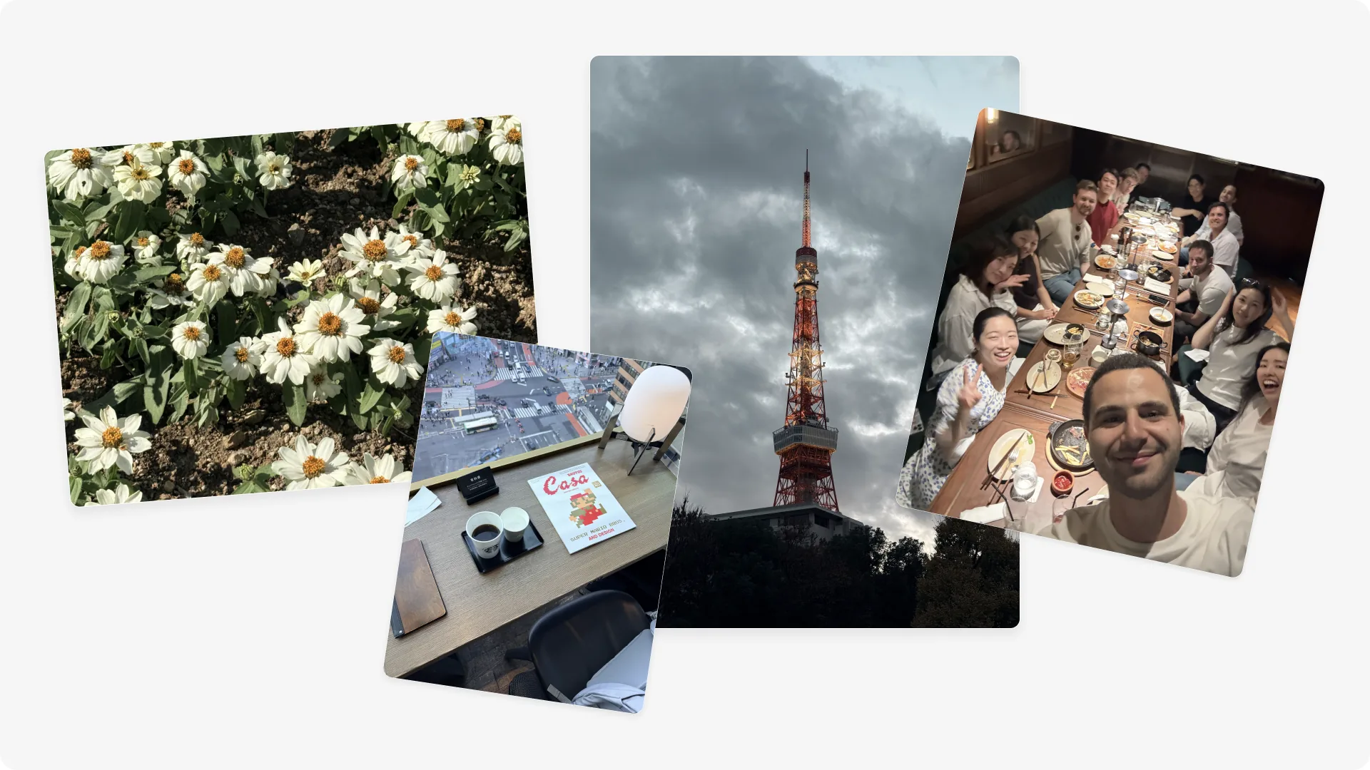 Life in tokyo: flowers in bloom, a desk above shibuya crossing, tokyo tower, and dinner with friends