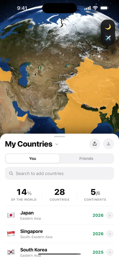 Tabilog home, your countries on a satellite globe