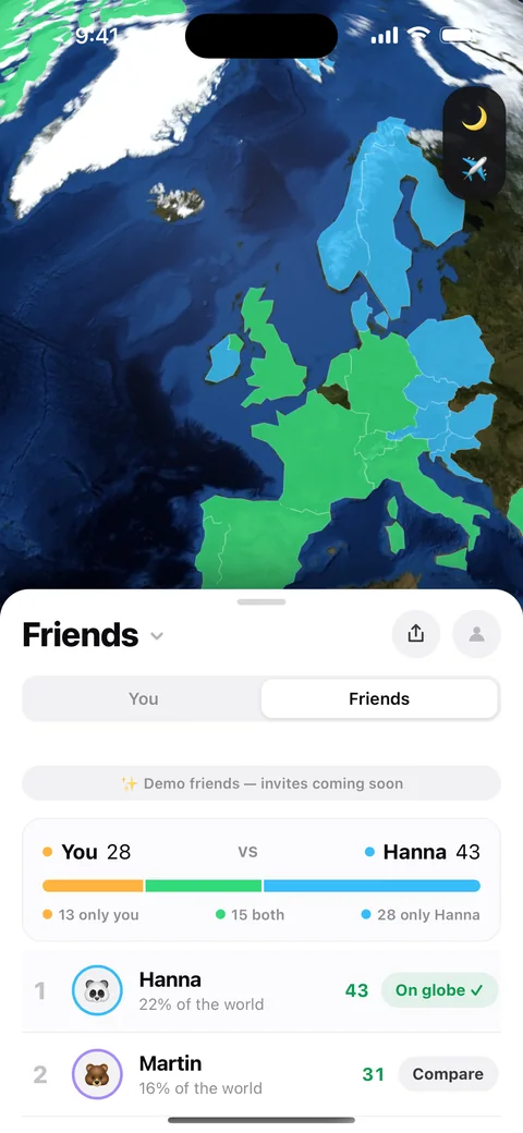 Tabilog friends, compare your world with a friend on one globe
