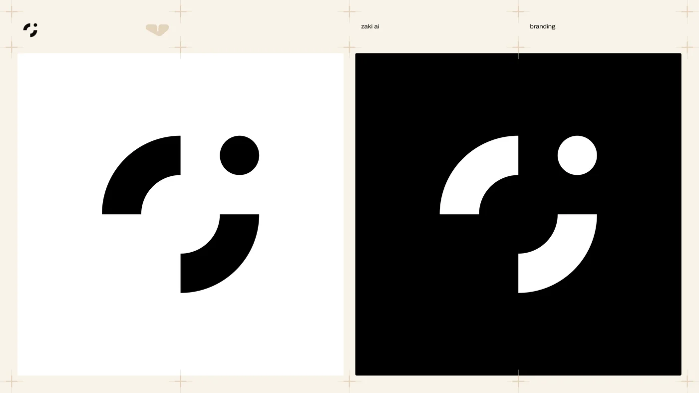 zaki AI logo — two opposing arcs and a dot on cream